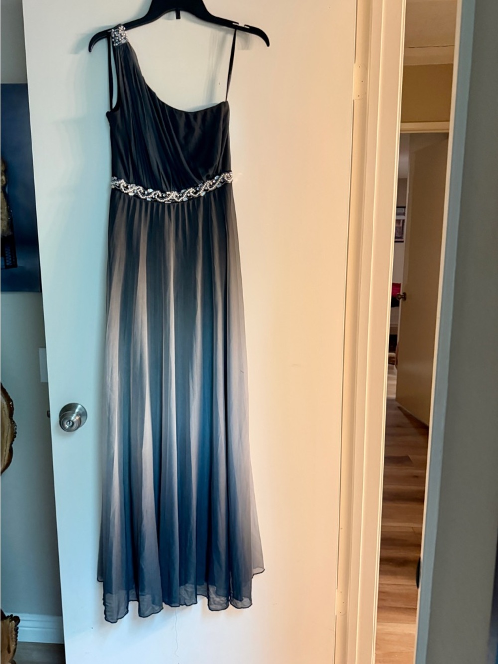 Speechless Women's One-Shoulder Navy Blue Evening Gown with Beaded Waist